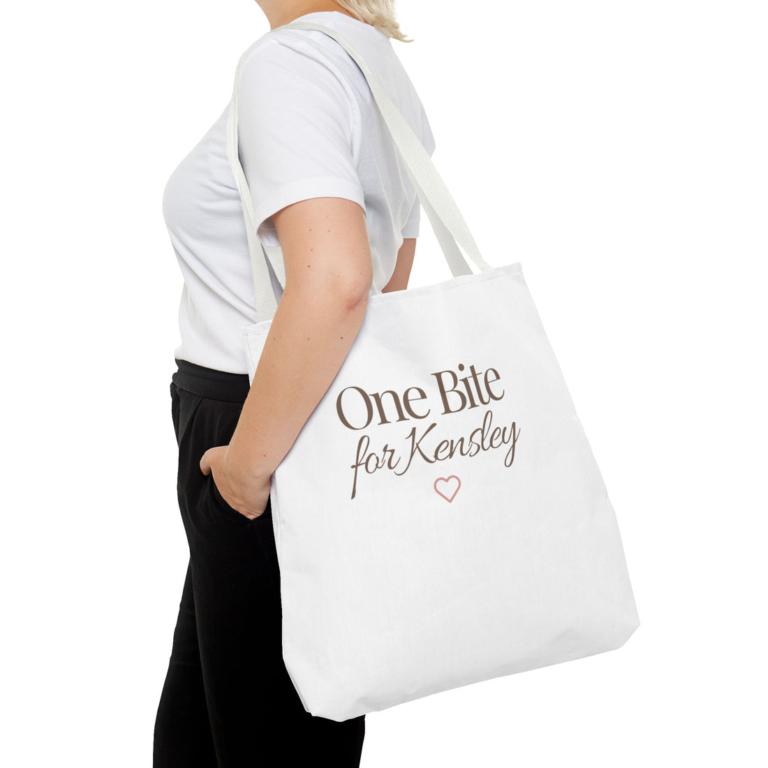 Every Bite Tells Her Story tote bag | Personalized 'One Bite for Kensley' tote