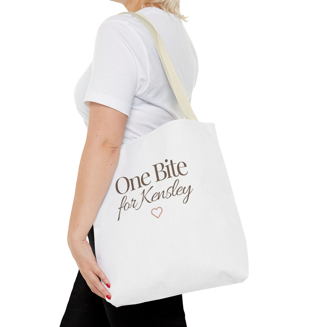 Every Bite Tells Her Story tote bag | Personalized 'One Bite for Kensley' tote